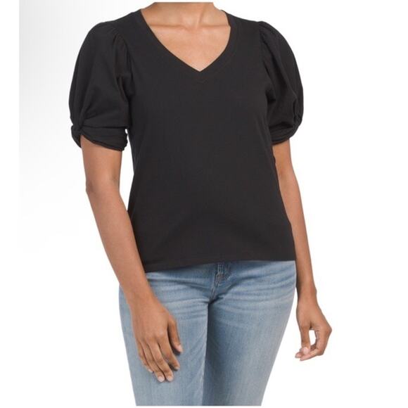 7 For All Mankind Black Puff Sleeve V Neck Top Large NWT - Picture 1 of 10